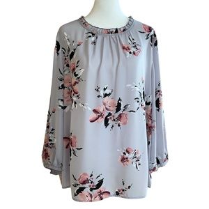 Elle Women's Lavender Floral Print Long Sleeved Blouse With Ruffles XL
